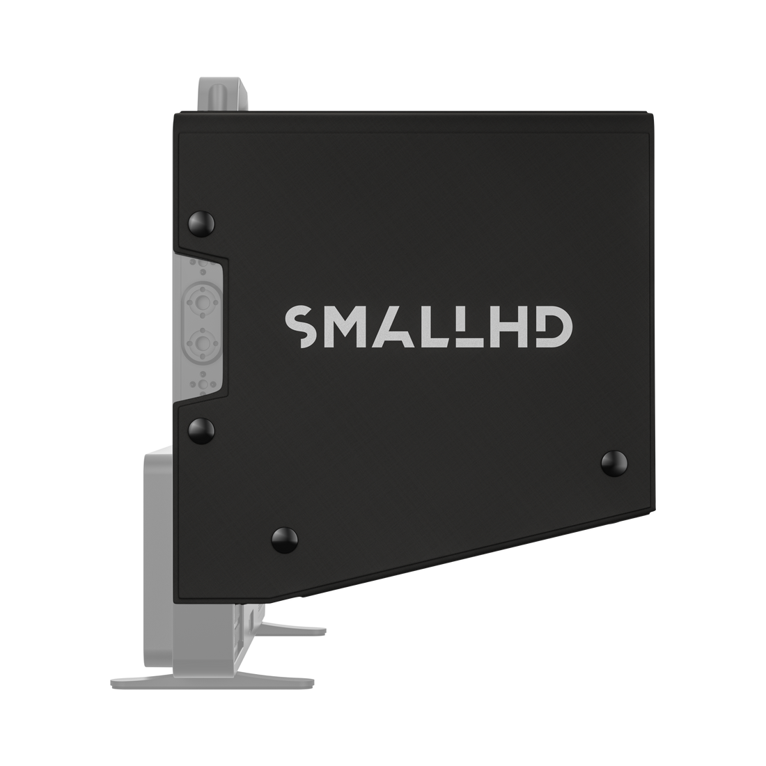 Opposite side profile of the SmallHD Cine 18 Sunhood attached to the monitor, with SmallHD logo and thumbscrew mounts